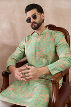 Green Silk Blend Printed Mandarin Collar Straight Kurta MKU2113