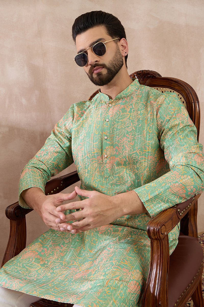 Green Silk Blend Printed Mandarin Collar Straight Kurta MKU2113