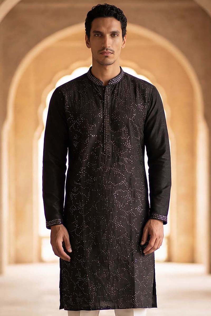 Silk Blend Black Solid Embroidered Calf Length Straight Kurta With Trousers MKSET2128