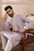 Lavender Silk Blend Embroidered Mandarin Collar Straight Kurta With Trouser MKSET1690