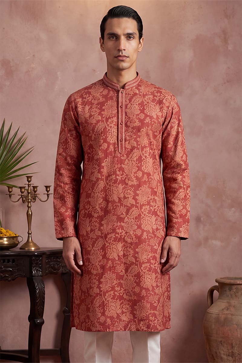 Red Silk Blend Floral Printed Kurta MKU1979