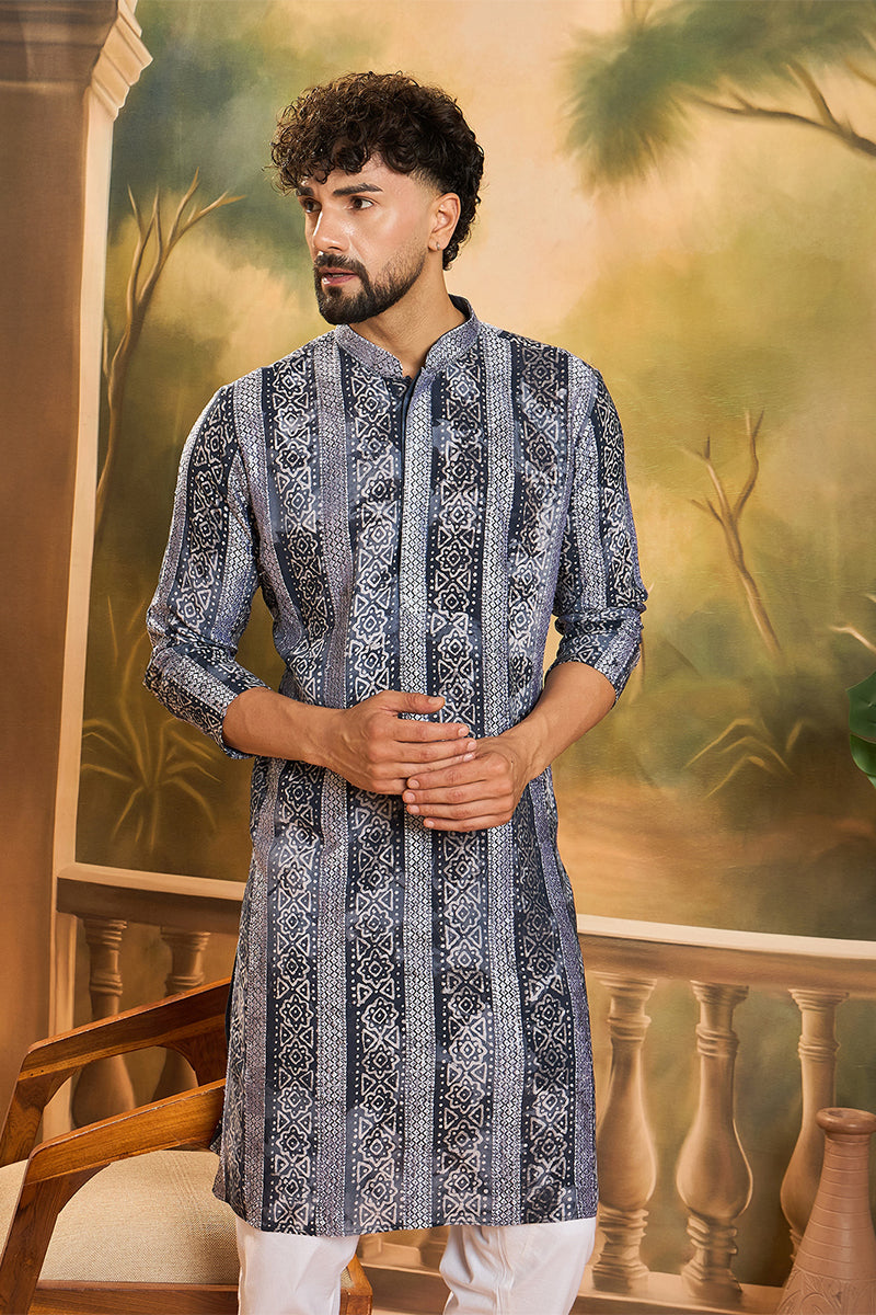 Blue Viscose Rayon Batik Printed Straight Kurta MKU1481