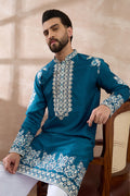 Blue Silk Blend Embroidered Mandarin Collar Straight Kurta MKU2017