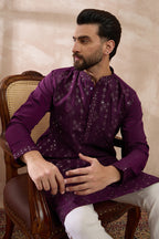 Purple Silk Blend Embroidered Mandarin Collar Straight Kurta With Trouser MKSET2078