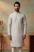 Silk Blend Silver Solid Embroidered Calf Length Straight Kurta With Trousers MKSET2273