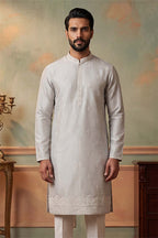 Silk Blend Silver Solid Embroidered Calf Length Straight Kurta With Trousers MKSET2273