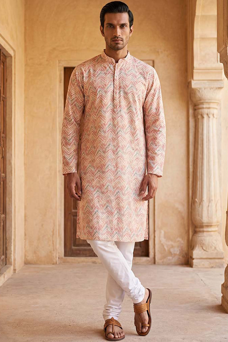 Peach Cotton Blend Chevron Embroidered Kurta With Trouser MKSET2069