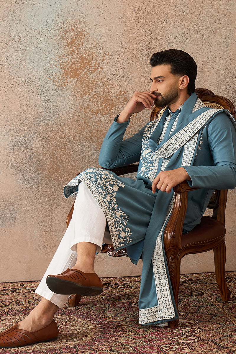Blue Silk Blend Floral Indian Wear for Men MKUD1039 | DesiQlo
