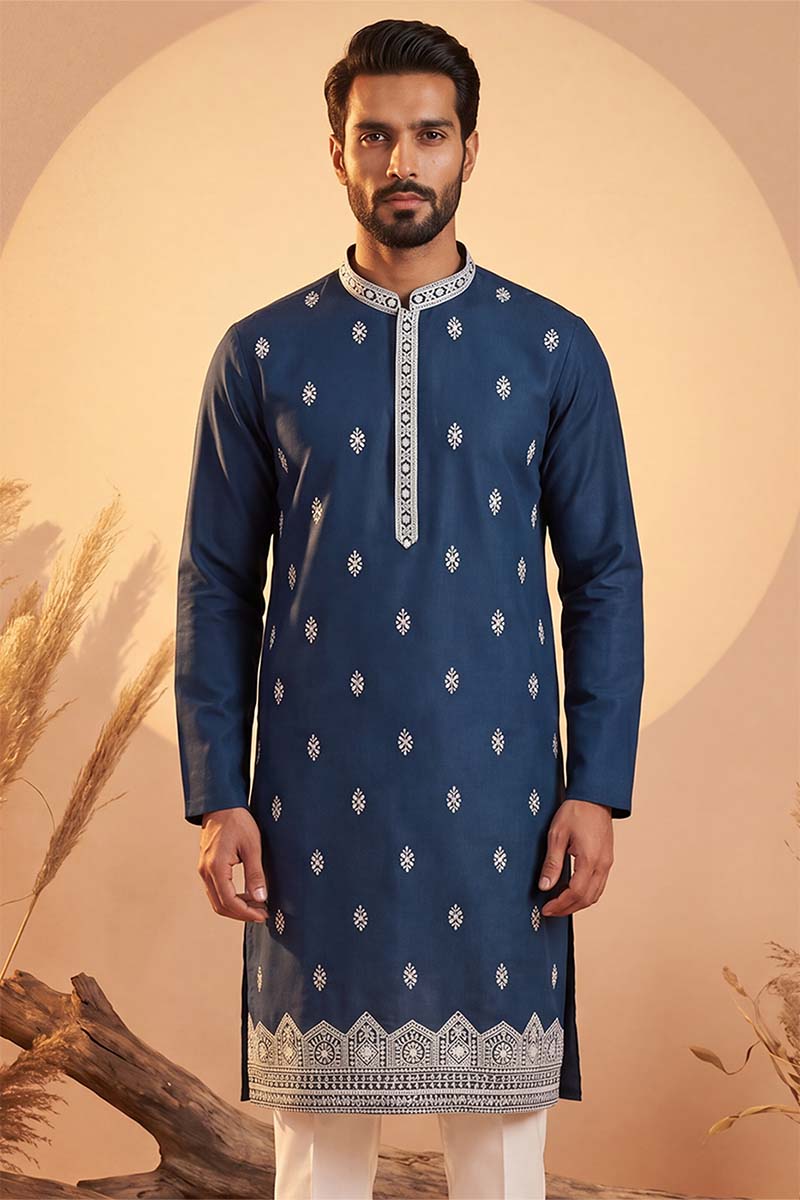 Silk Blend Blue Solid Embroidered Calf Length Straight Kurta With Trousers MKSET2274