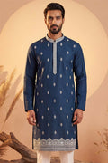 Silk Blend Blue Solid Embroidered Calf Length Straight Kurta With Trousers MKSET2274