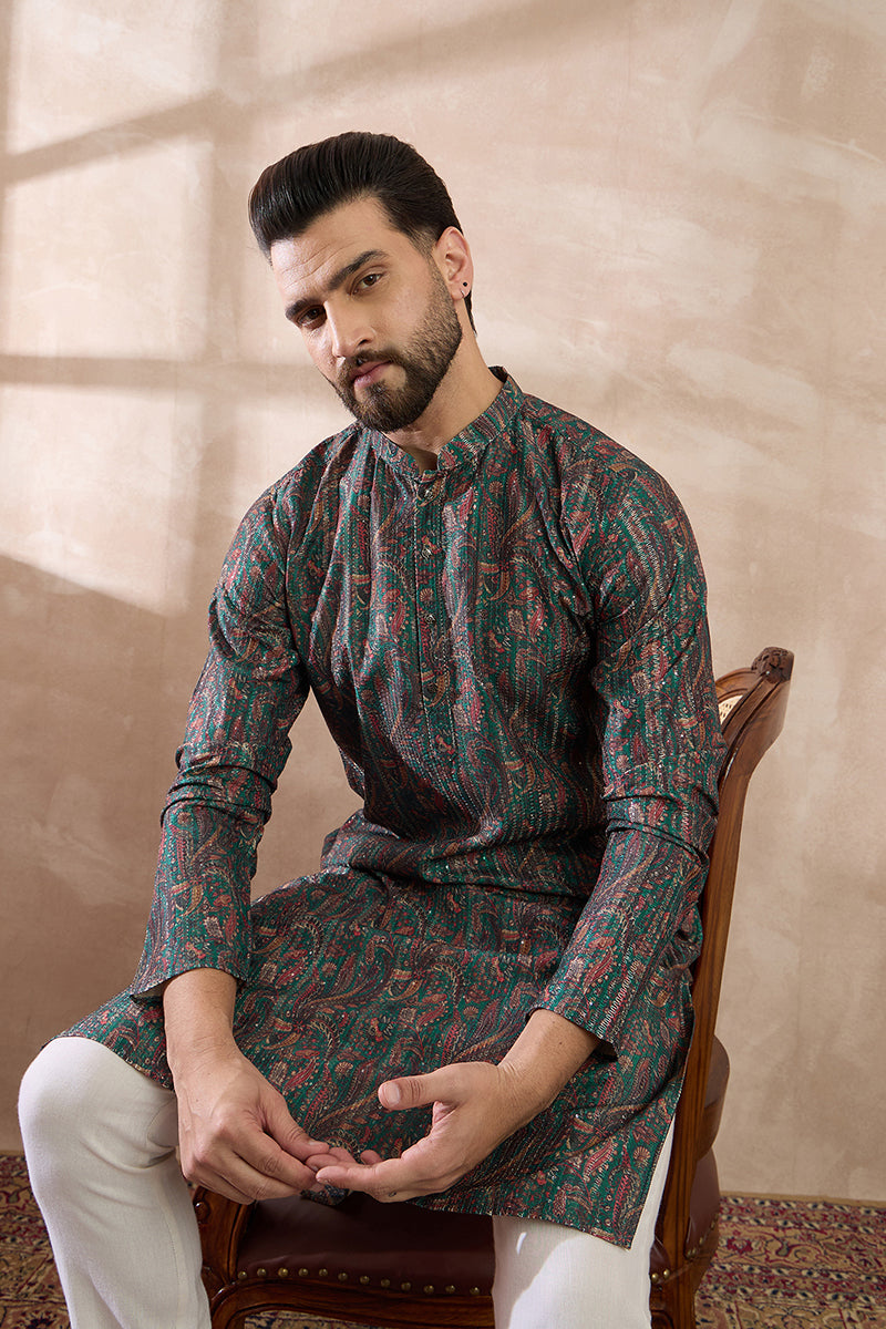 Green Silk Blend Printed Indian Wear for Men MKU2050 | DesiQlo