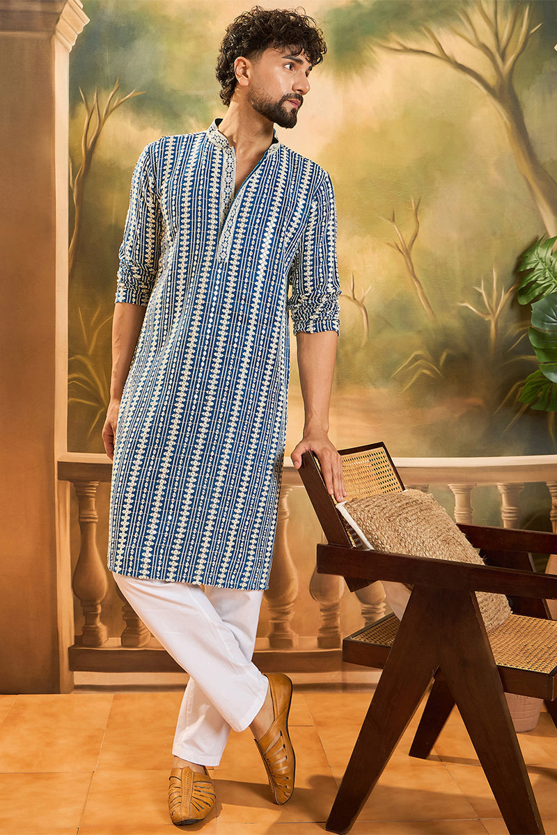 Blue Viscose Rayon Embroidered Straight Kurta MKU1412