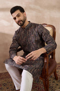 Black Silk Blend Printed Mandarin Collar Straight Kurta With Trouser MKSET2116