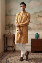 Mustard Silk Blend Printed Straight Kurta With Trousers MKSET1976