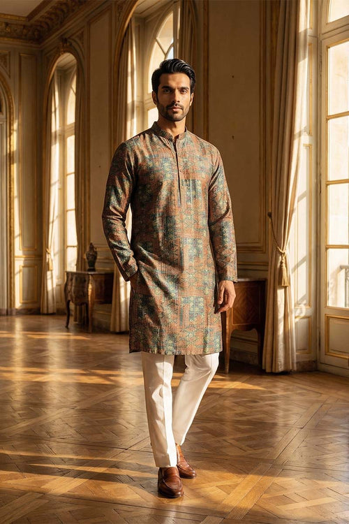 Blue Silk Blend Printed Straight Kurta With Trousers MKSET1934