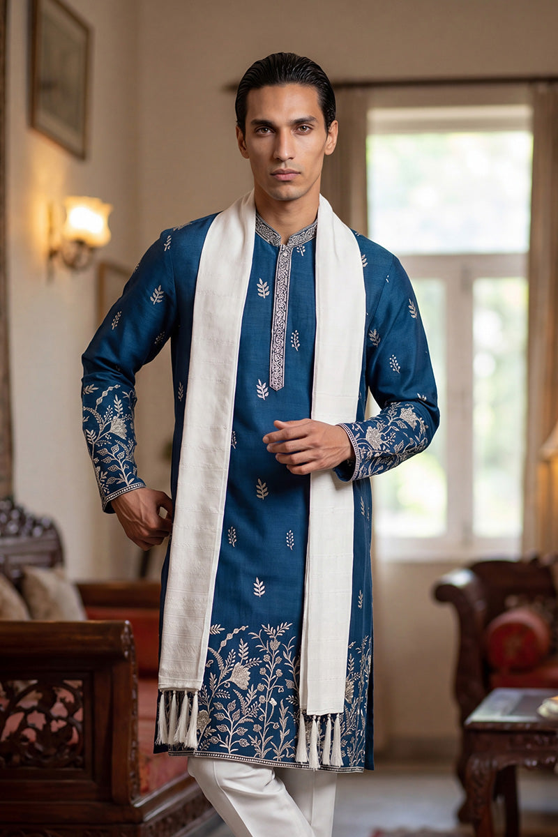Blue Chanderi Silk Solid Embroidered Straight Kurta Trouser with Dupatta MKPD1315