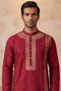Red Silk Blend Solid Emboidered Straight Kurta With Trouser MKSET2314