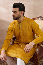 Mustard Silk Blend Embroidered Mandarin Collar Straight Kurta With Trouser MKSET1888