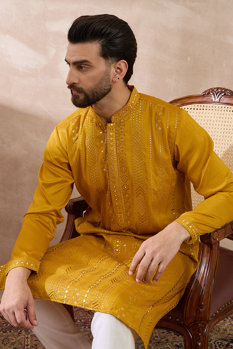 Mustard Silk Blend Embroidered Mandarin Collar Straight Kurta With Trouser MKSET1888