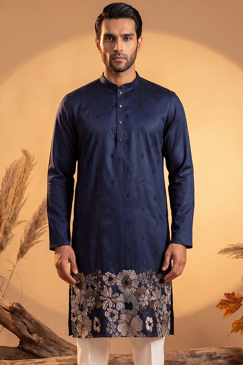 Blue Silk Blend Solid Embroidered Kurta MKU2065
