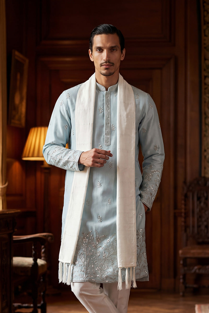 Blue Silk Blend Solid Embroidered Straight Kurta Sets MKUD1785