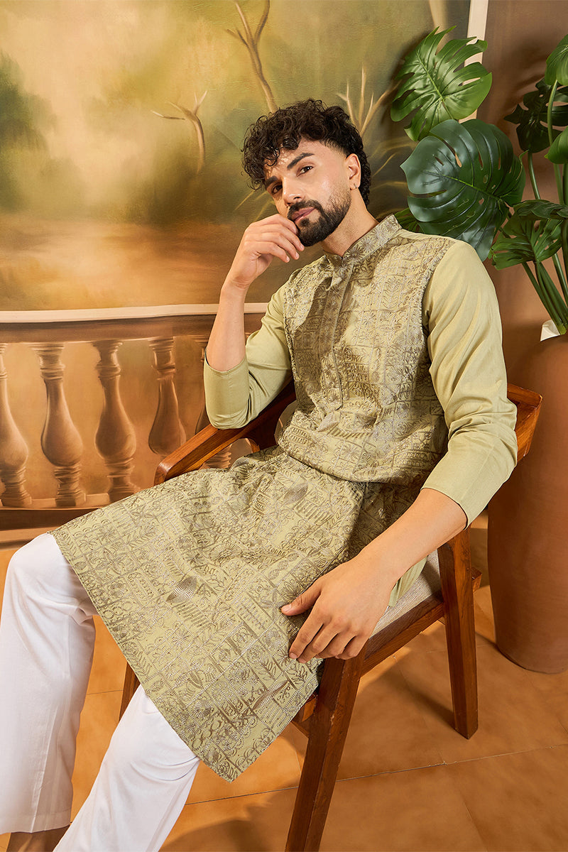 Green Silk Blend Solid Embroidered Straight Kurta MKU1493