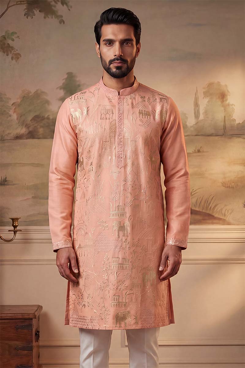 Peach Viscose Rayon Solid Embroidered Kurta With Trousers MKSET2092