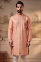 Peach Viscose Rayon Solid Embroidered Kurta With Trousers MKSET2092