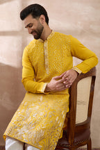 Yellow Silk Blend Embroidered Mandarin Collar Straight Kurta MKU2052