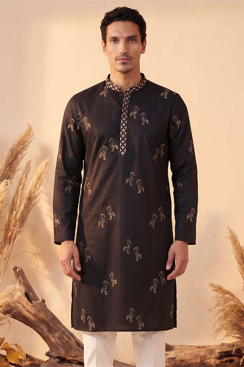 Black Silk Blend Solid Embroidered Kurta MKU1817
