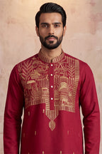 Red Silk Blend Solid Emboidered Straight Kurta MKU2375