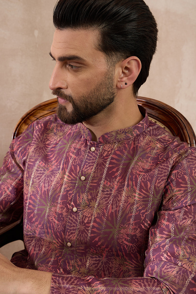 Purple Silk Blend Printed Mandarin Collar Straight Kurta With Trouser MKSET2023
