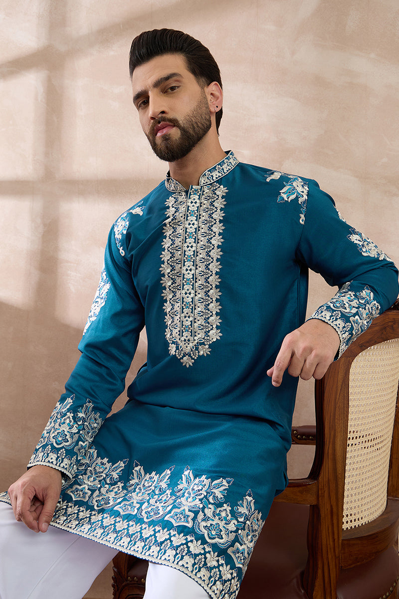 Blue Silk Blend Embroidered Mandarin Collar Straight Kurta With Trouser MKSET2017