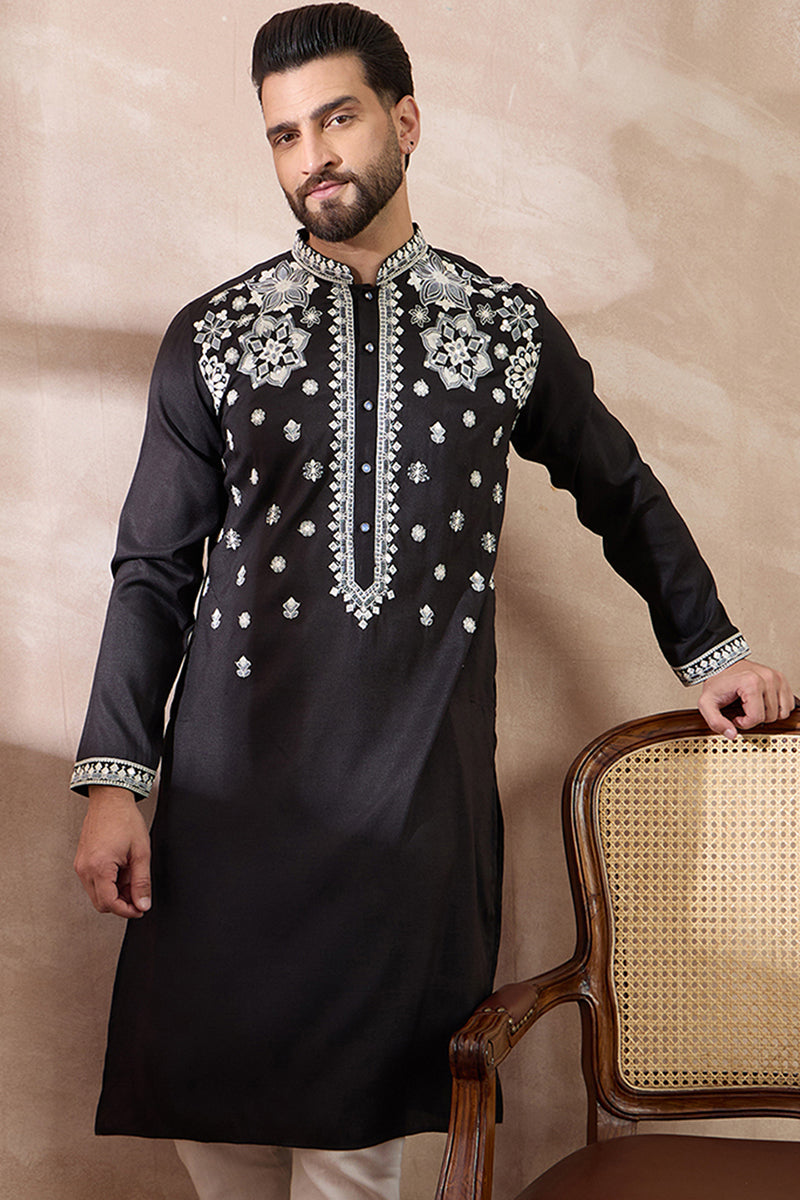 Black Silk Blend Embroidered Mandarin Collar Straight Kurta MKU1884