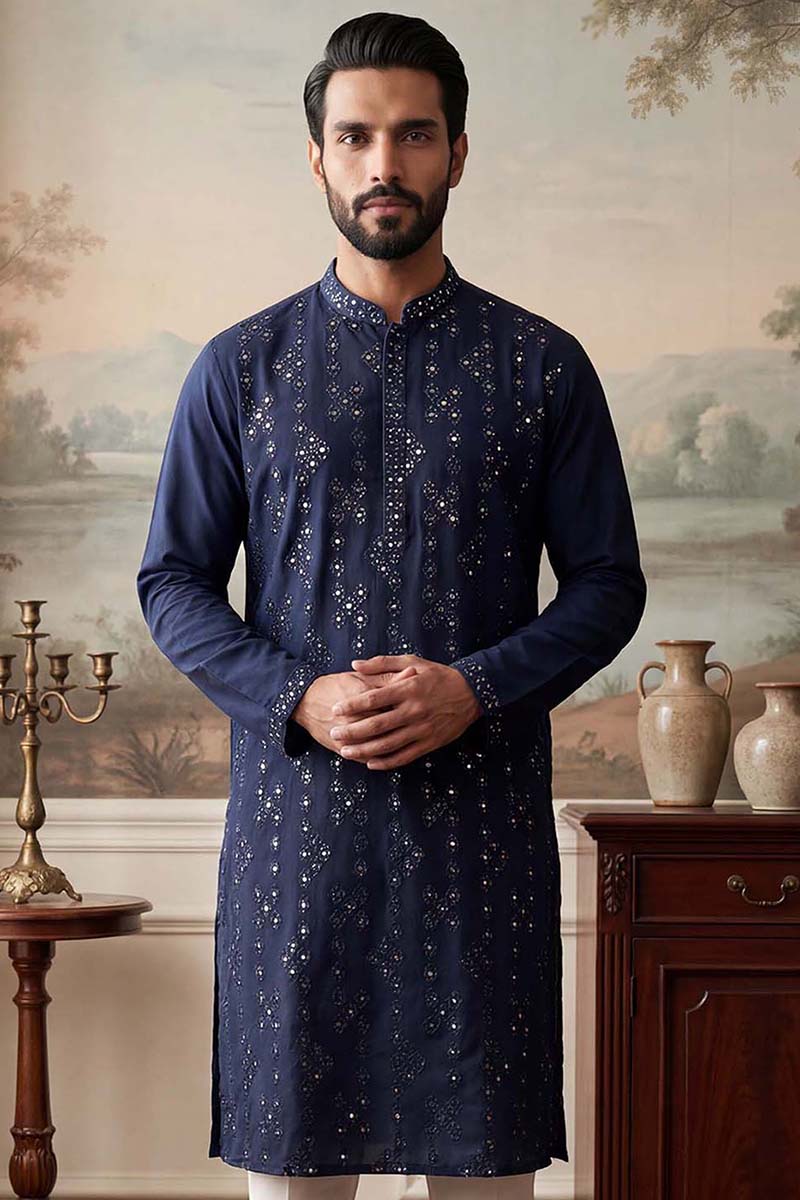 Blue Silk Blend Solid Embroidered Kurta With Trousers MKSET2075