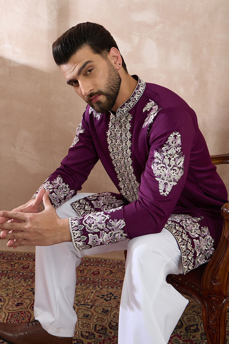 Purple Silk Blend Embroidered Mandarin Collar Straight Kurta MKU2018