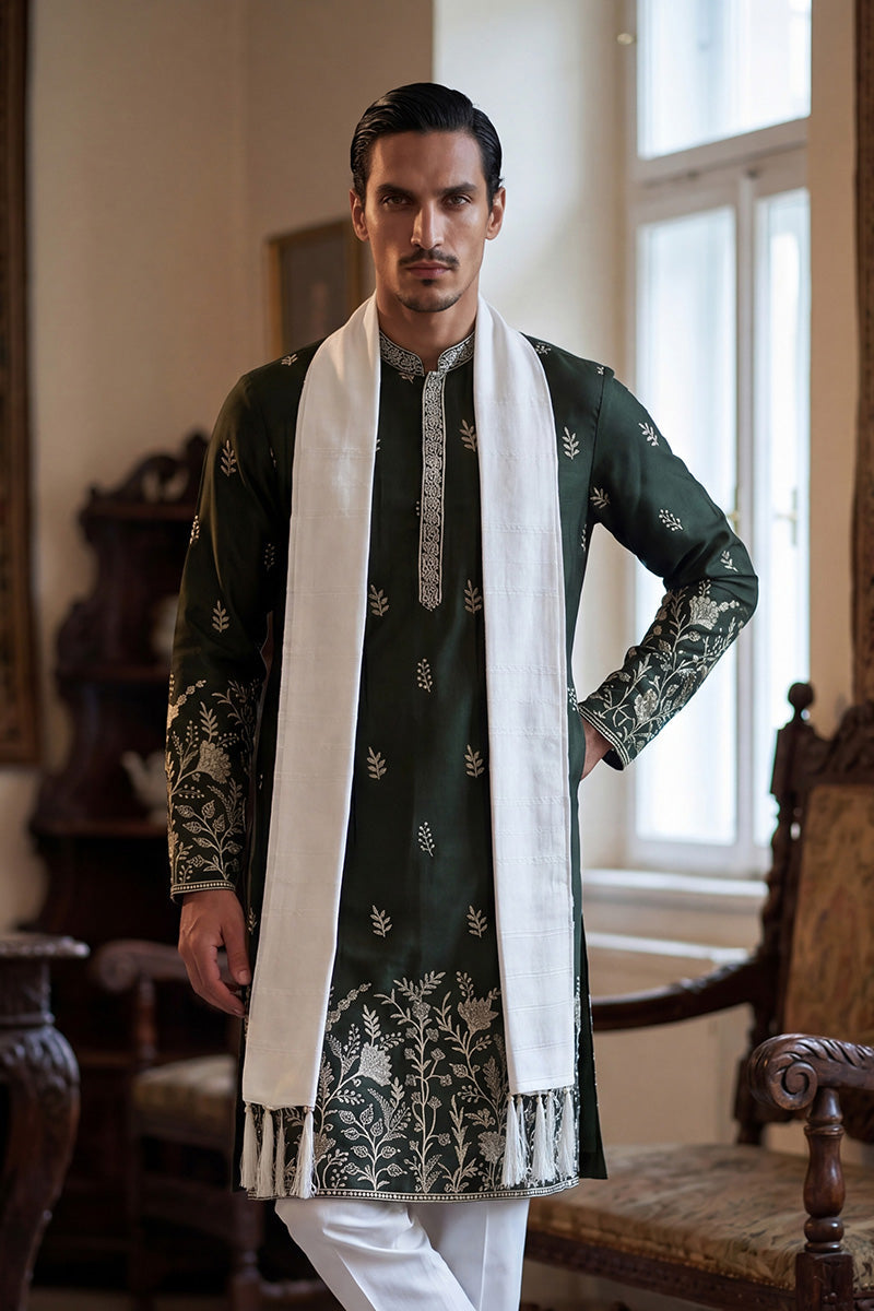 Olive Chanderi Silk Solid Embroidered Straight Kurta with Dupatta MKUD1319