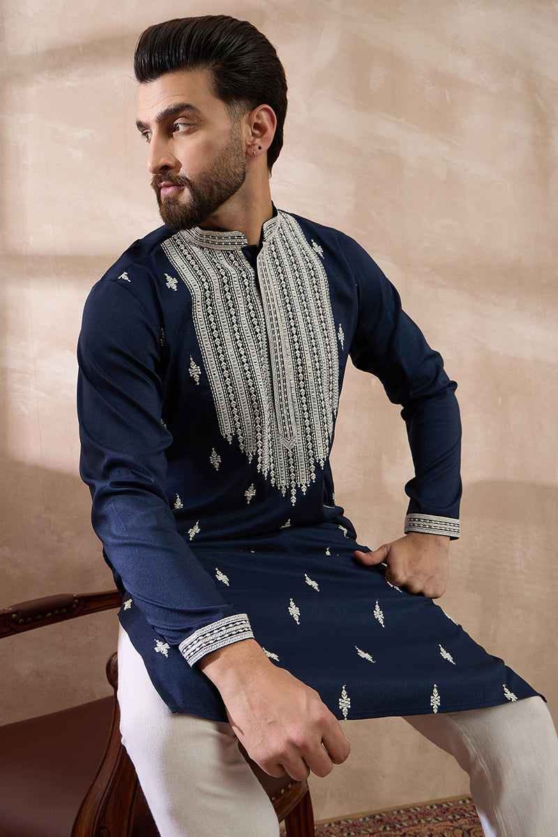 Navy Blue Silk Blend Embroidered Indian Wear for Men | DesiQlo India