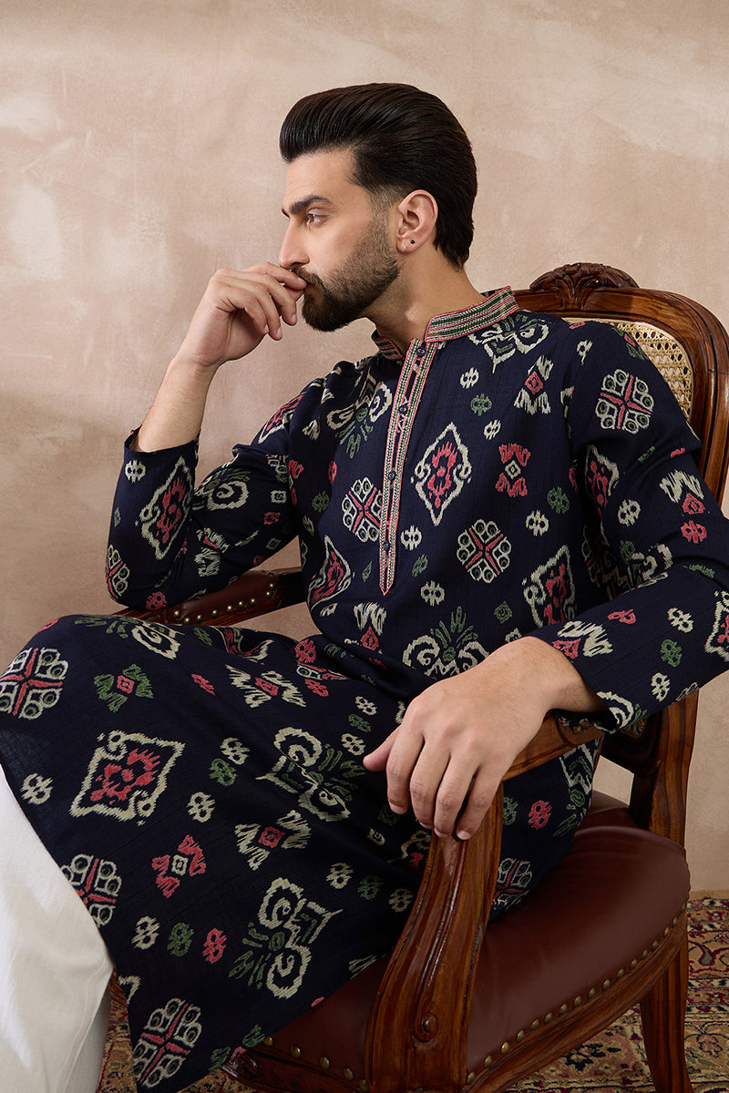 Blue Silk Blend Printed Mandarin Collar Straight Kurta With Trouser MKSET1987
