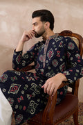 Blue Silk Blend Printed Mandarin Collar Straight Kurta With Trouser MKSET1987