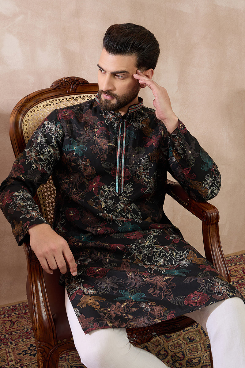 Black Silk Blend Printed Mandarin Collar Straight Kurta MKU1956