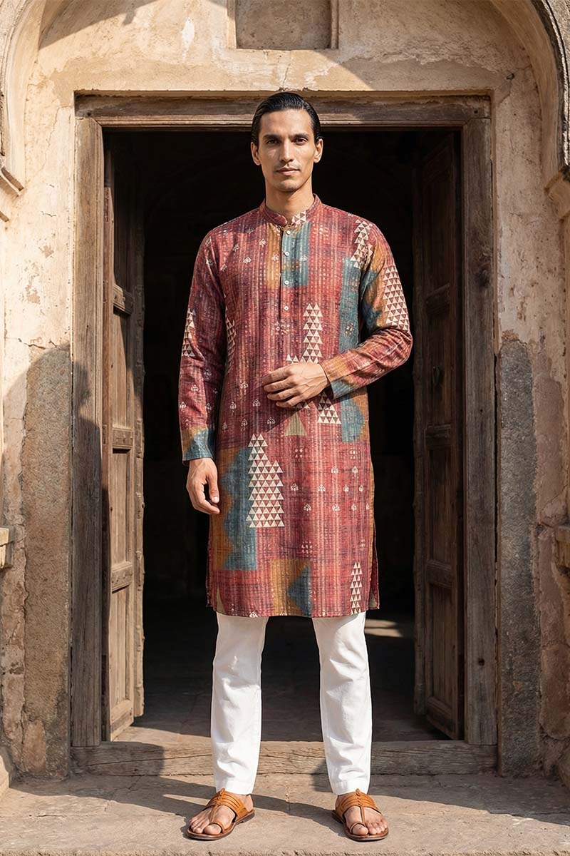 Brown Silk Blend Printed Straight Kurta MKU2177