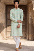 Green Cotton Blend Chevron Embroidered Kurta With Trouser MKSET2068