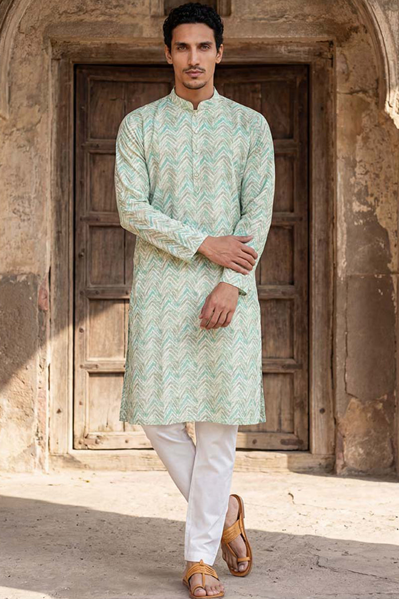 Green Cotton Blend Chevron Embroidered Kurta With Trouser MKSET2068
