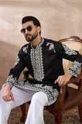 Black Silk Blend Embroidered Mandarin Collar Straight Kurta MKU2019