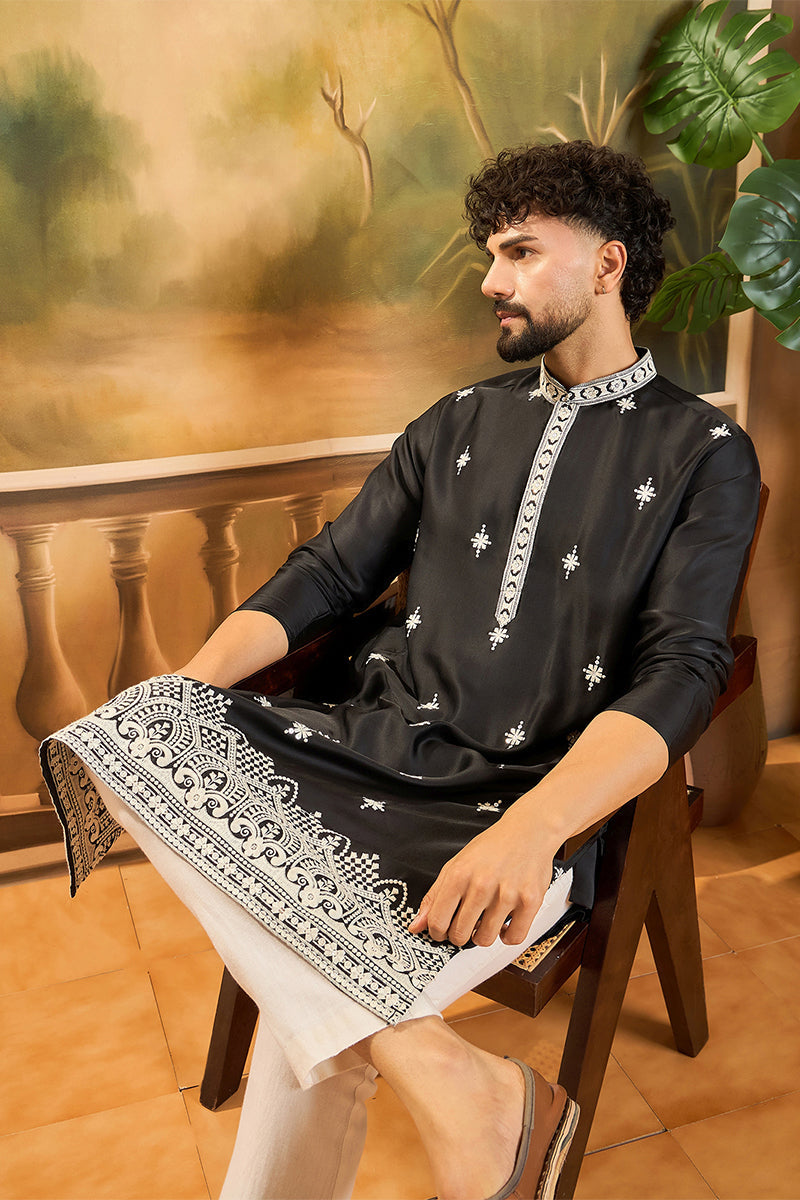Black Silk Blend Solid Embroidered Straight Kurta MKU1441