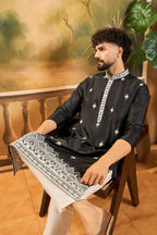 Black Silk Blend Solid Embroidered Straight Kurta MKU1441