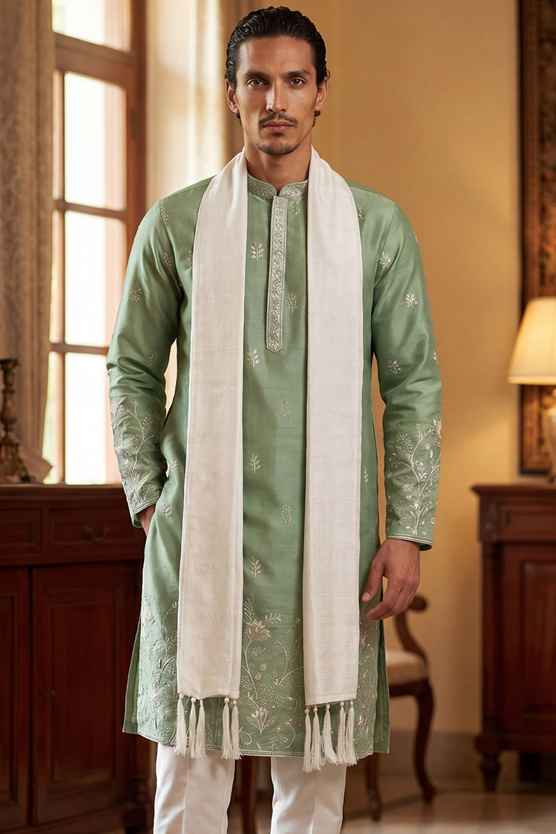 Green Silk Blend Solid Embroidered Straight Kurta Sets MKPD1783