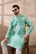 Green Silk Blend Printed Mandarin Collar Straight Kurta With Trouser MKSET2022