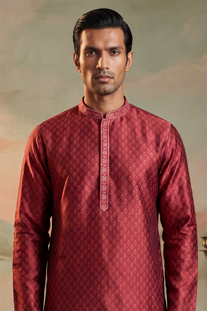 Maroon Jacquard Woven Design Straight Kurta With Trouser MKSET2342